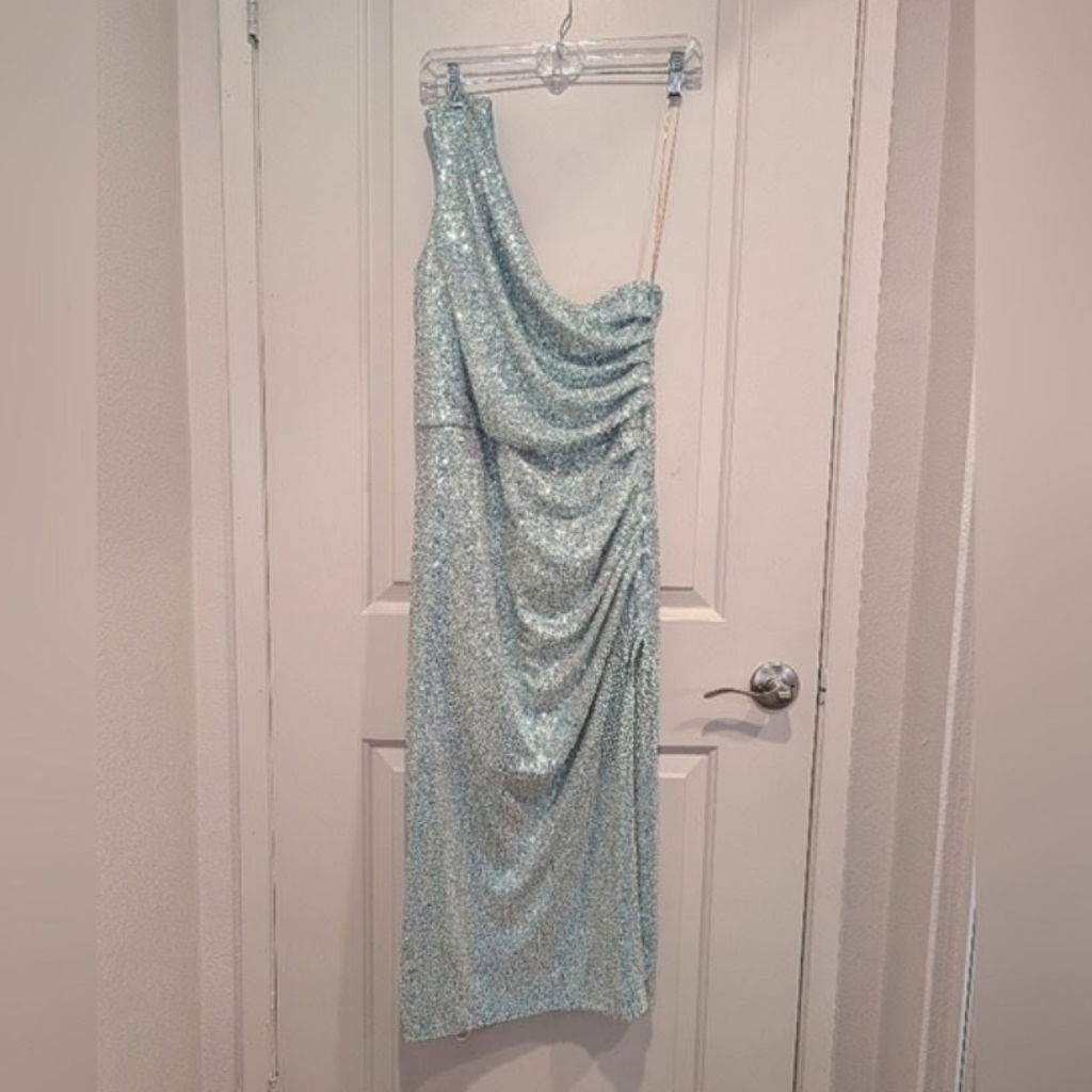 Dress The Population Black Label Martine One-Shoulder Ruched Sequin Blue Dress